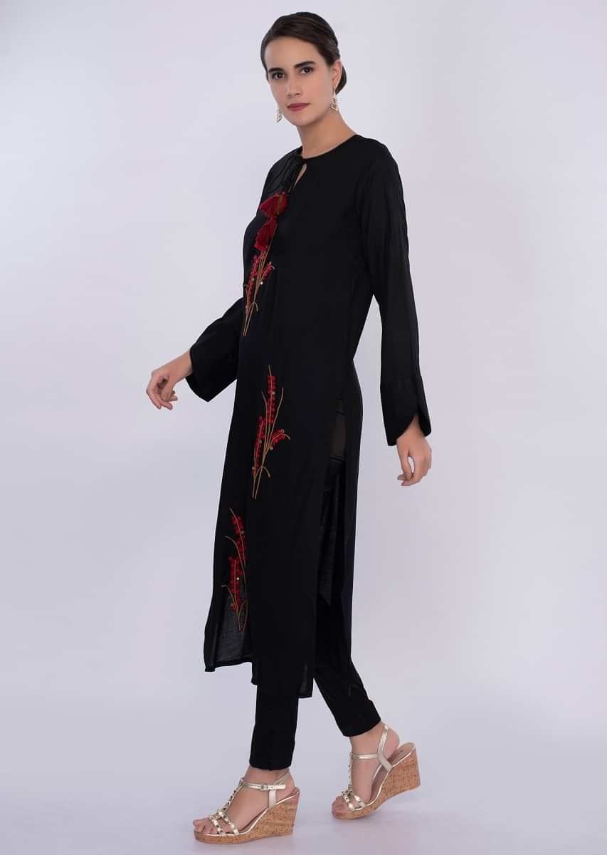 Black Cotton Kurti In Thread Embroidered Butti Online - Kalki Fashion