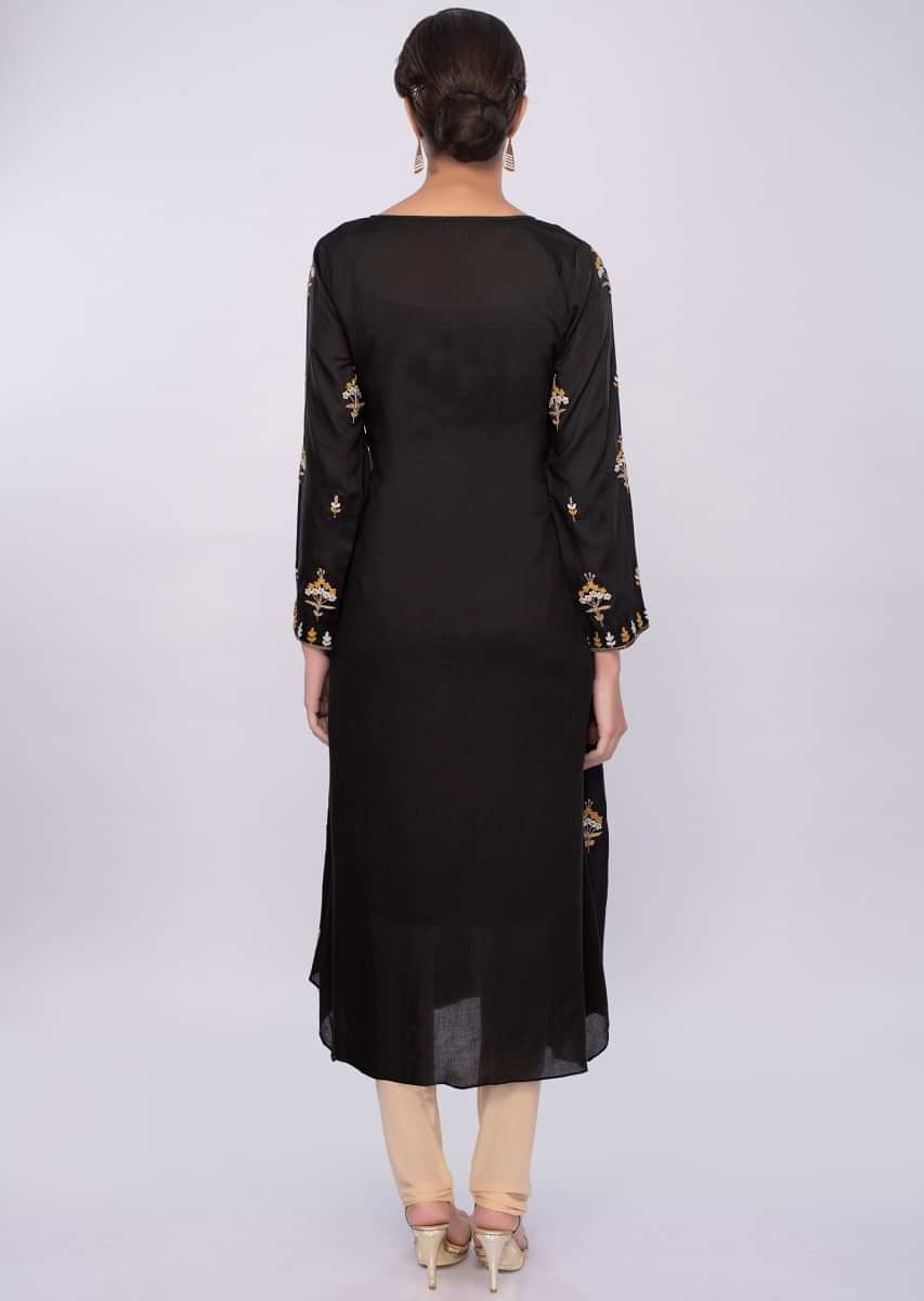 Black Kurti In Cotton With Floral Butti Online - Kalki Fashion