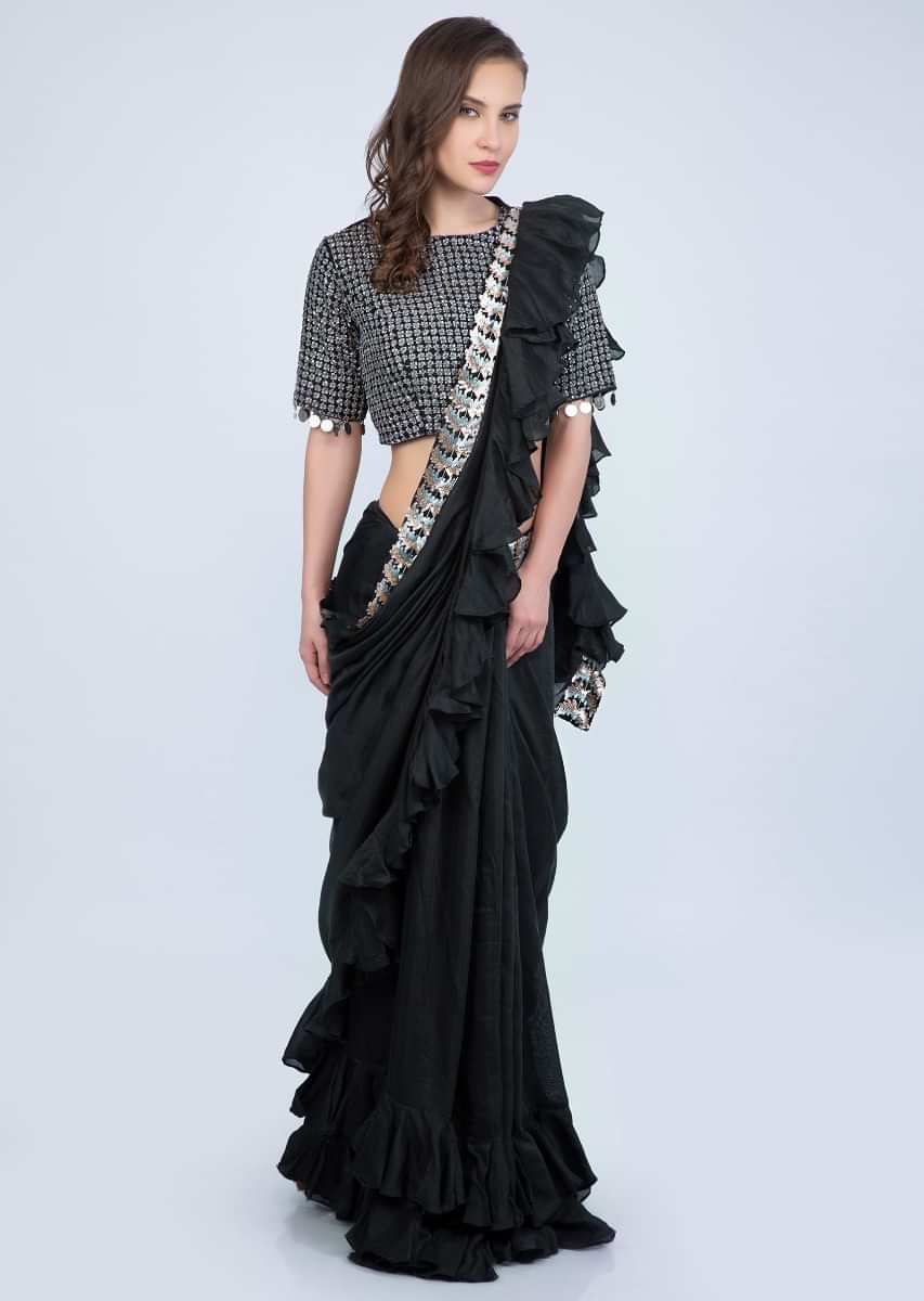 Black Saree In Cotton With Frilled Hem And Pallu Paired With Grey Jaal Embroidered Blouse Online - Kalki Fashion