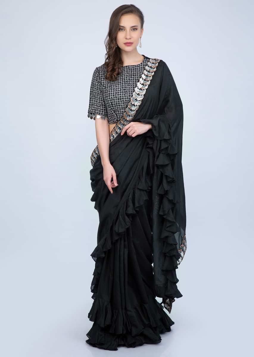 Black Saree In Cotton With Frilled Hem And Pallu Paired With Grey Jaal Embroidered Blouse Online - Kalki Fashion