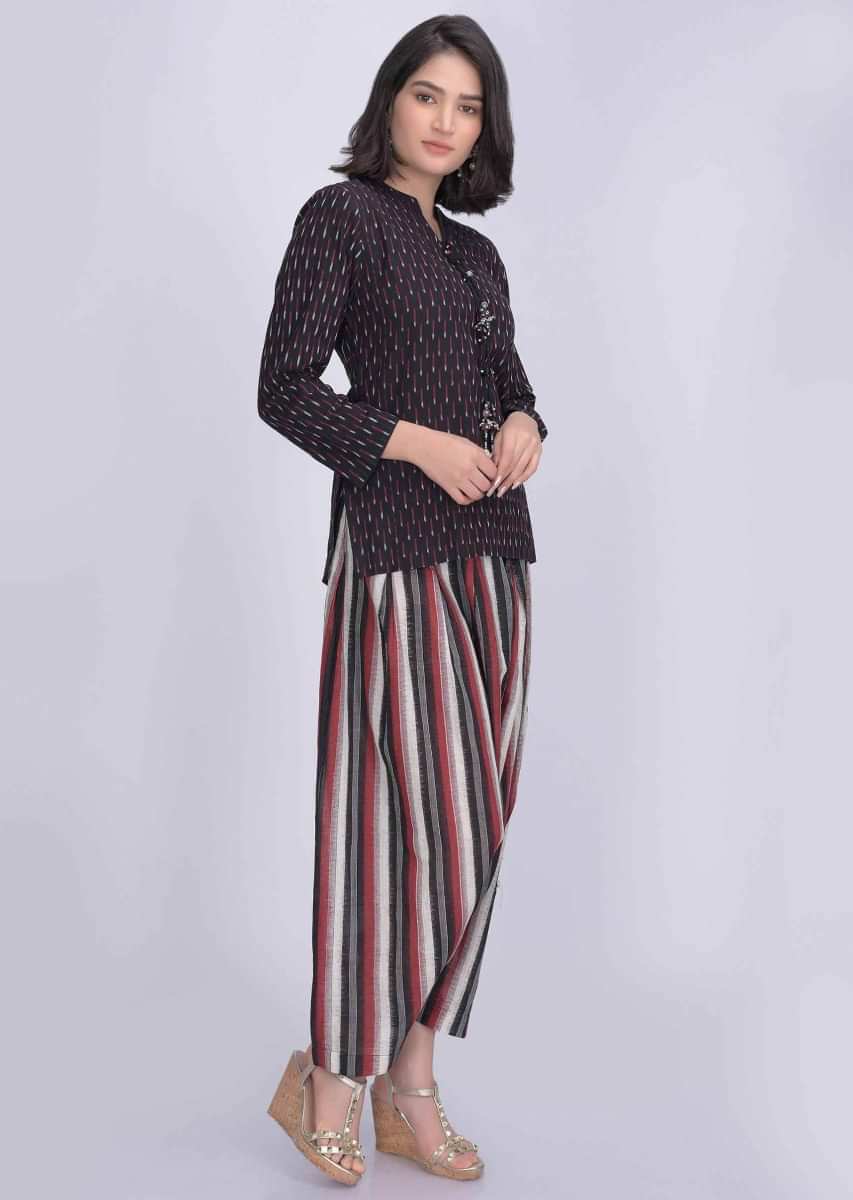 Black Short Kurta In Cotton With Low Crotch Pants