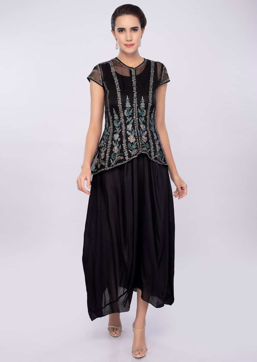 Black cotton tunic with gathers paired with additional organza jacket only on Kalki