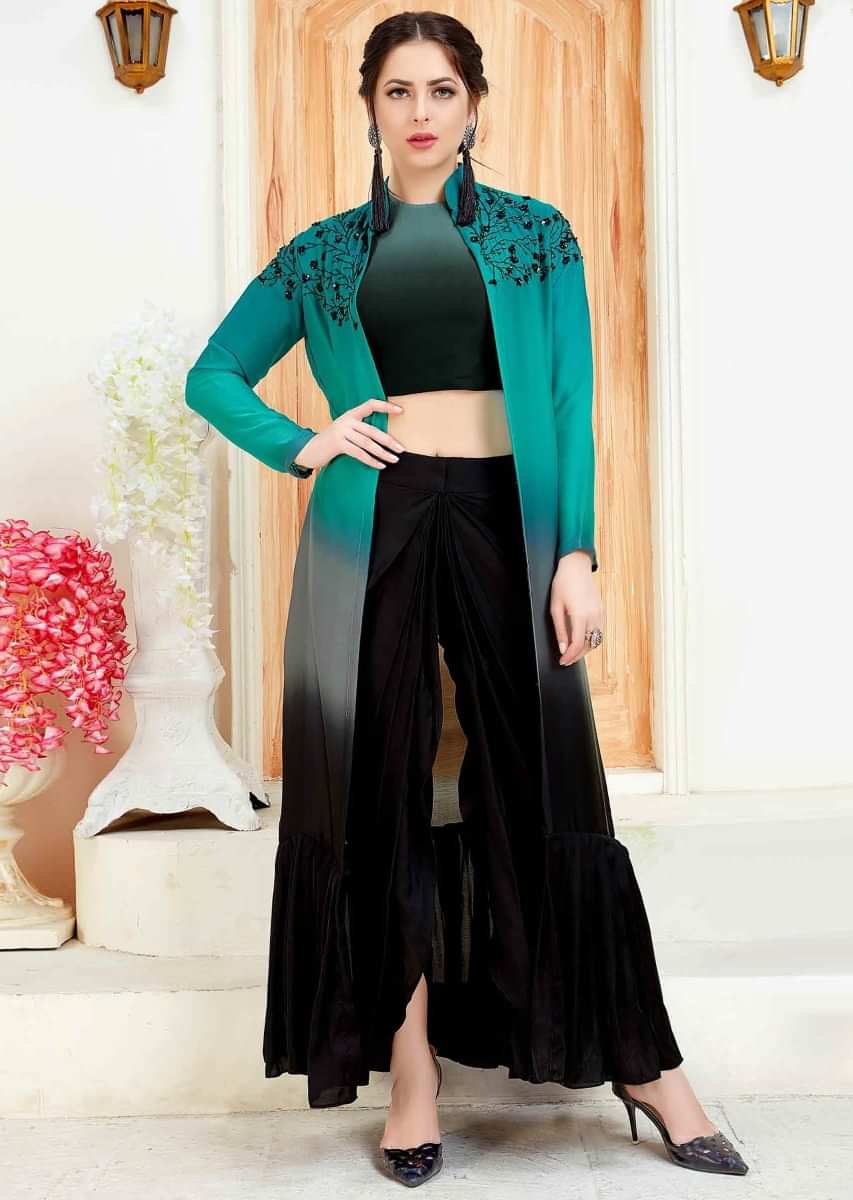 Black Dhoti In Crepe With Shaded Crepe Crop Top And Jacket