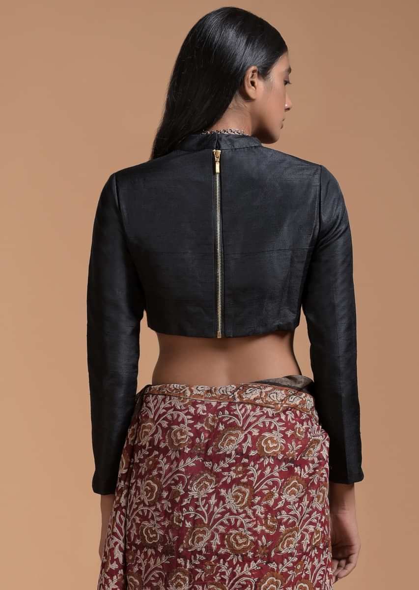 Black Crop Top In Raw Silk With A High Neckline And Full Sleeves