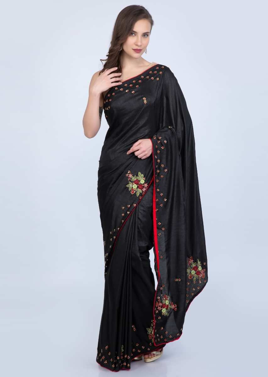 Black Saree In Dupion Silk With Embroidered Butti And Border Online - Kalki Fashion