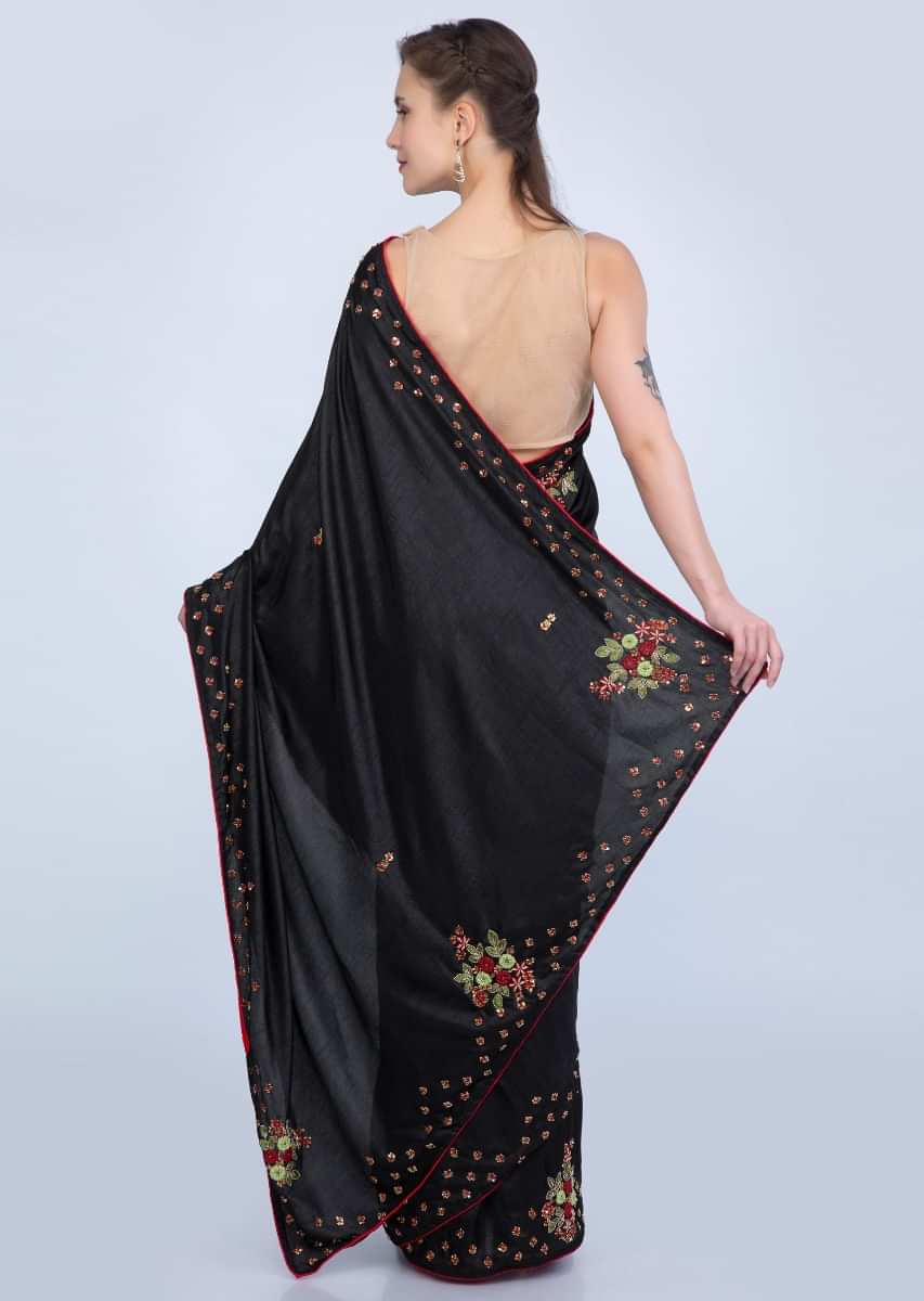 Black Saree In Dupion Silk With Embroidered Butti And Border Online - Kalki Fashion