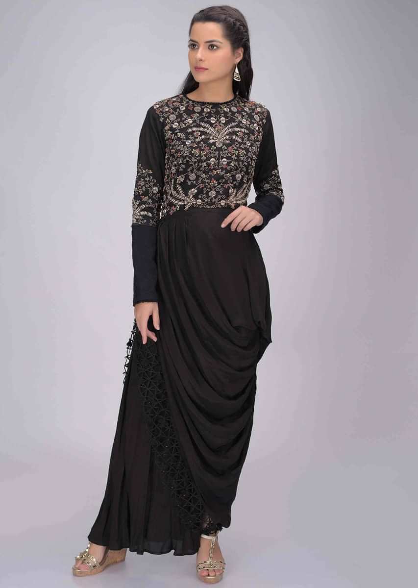 Black Tunic In Embroidered Crepe With Fancy Cowl Drape Online - Kalki Fashion