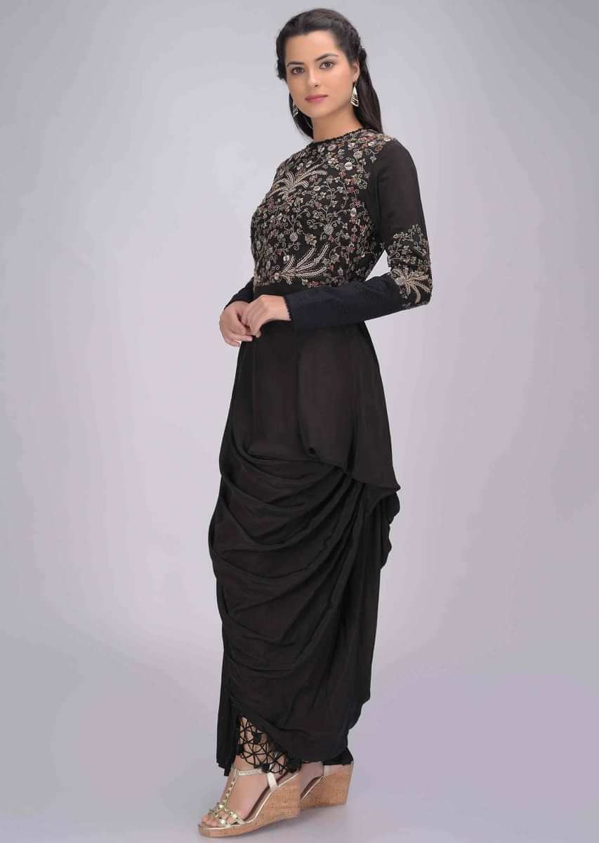 Black Tunic In Embroidered Crepe With Fancy Cowl Drape Online - Kalki Fashion