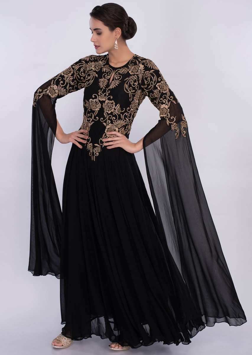 Black Gown With Long Flared Sleeves And Embroidery Work Online - Kalki Fashion
