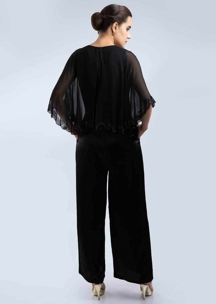 Buy Black Jumpsuit In Fabia Satin With A Prestitched Georgette Cape ...
