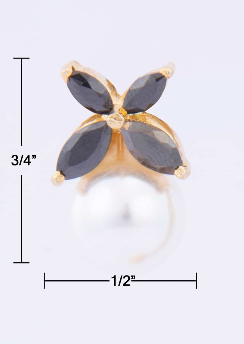 Black floral stud with round pearl drop only on Kalki