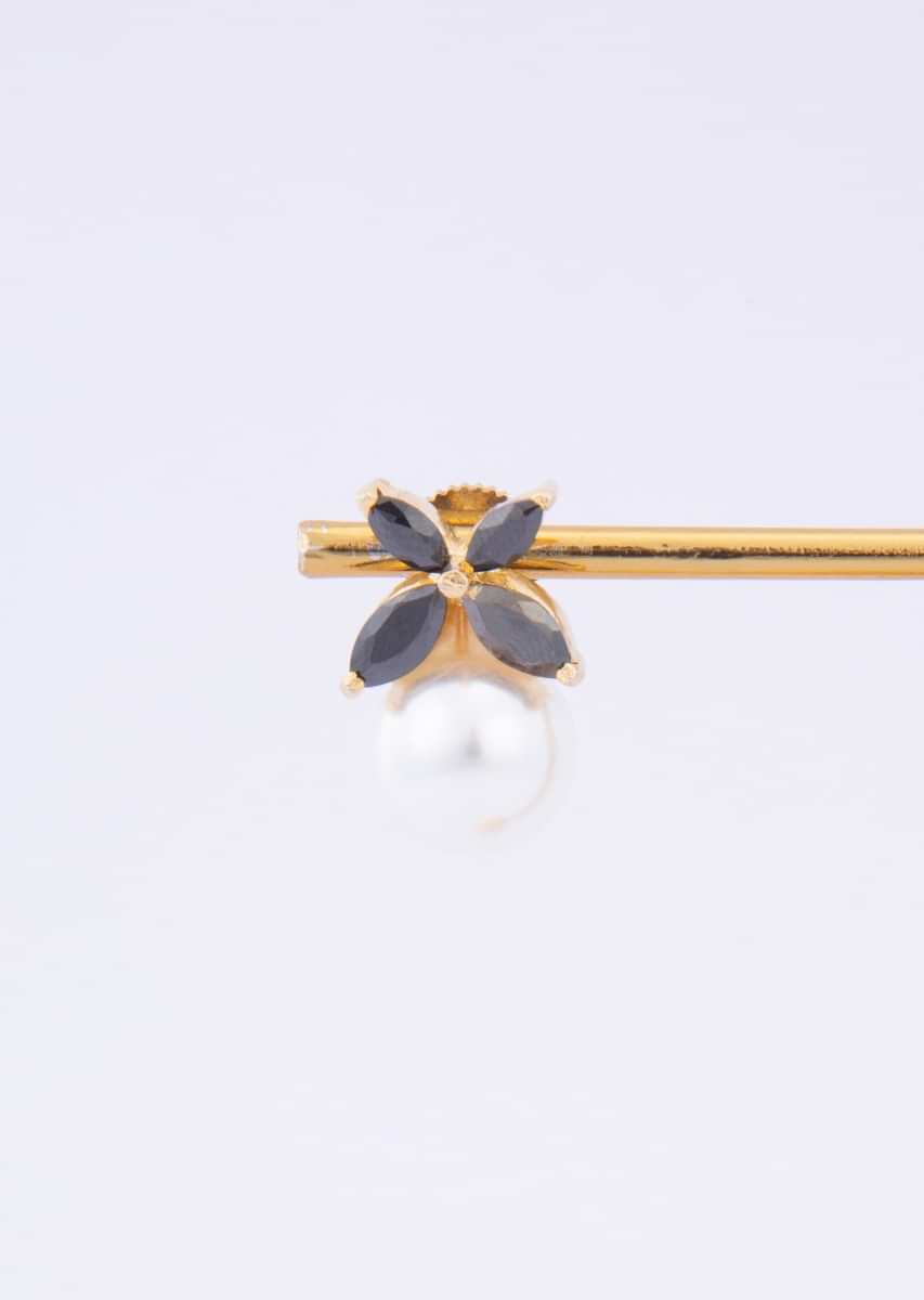 Black floral stud with round pearl drop only on Kalki