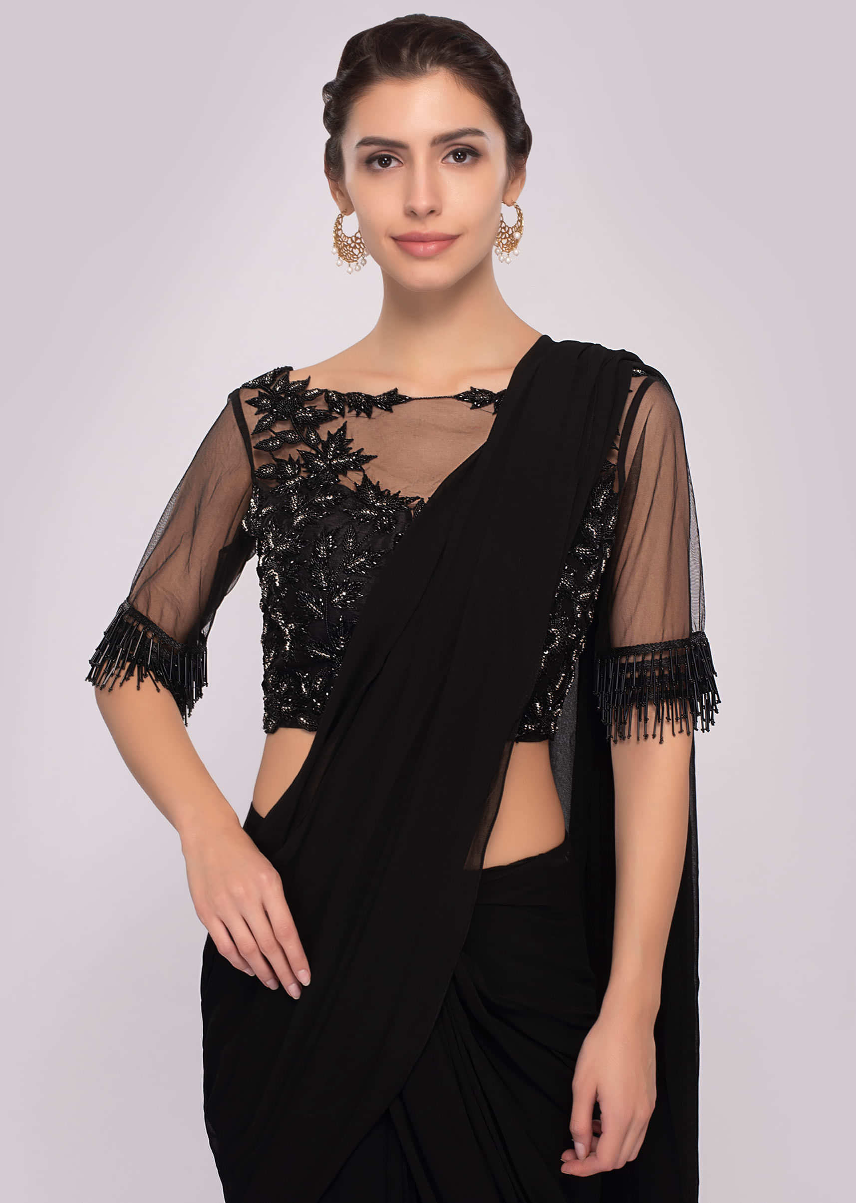 Black georgette ready pleated saree with cut dana embroiderd net blouse
