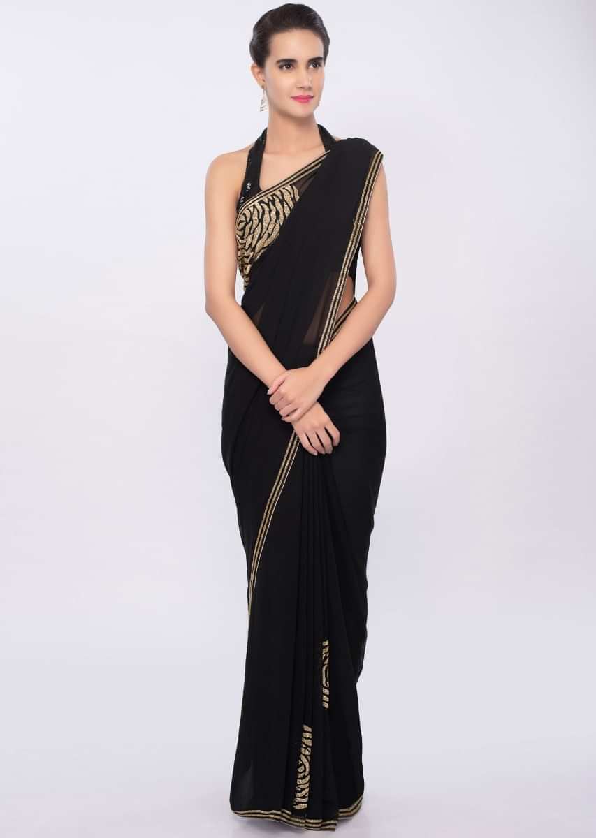 Black georgette saree in cut dana embroidery and butti only on Kalki