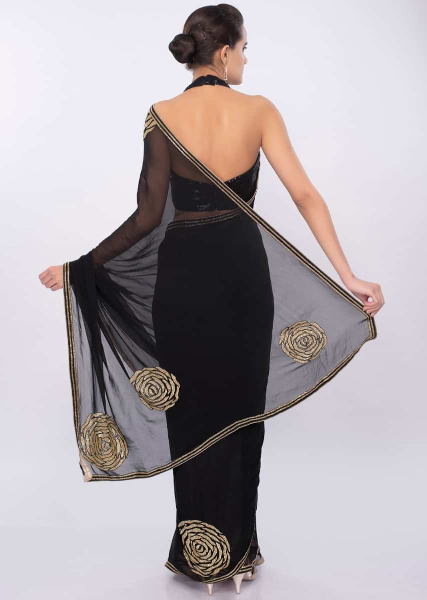 Black georgette saree in cut dana embroidery and butti only on Kalki