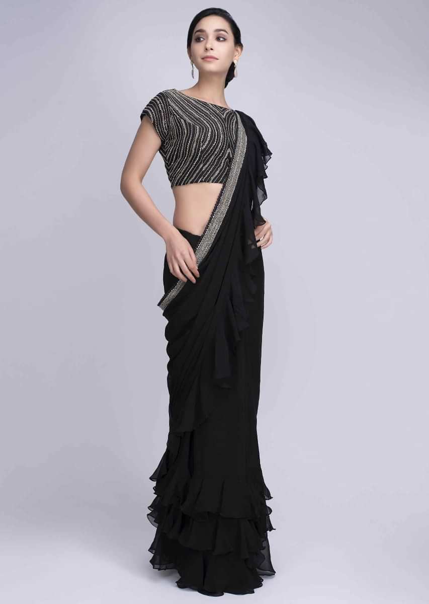 Buy Black Saree In Georgette With Frilled Hem And Pallo Online - Kalki ...
