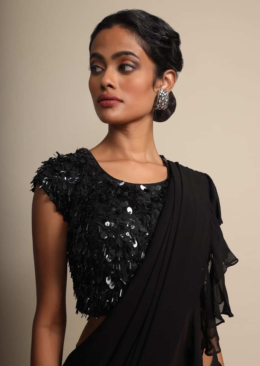 Buy Black Georgette Saree With Frills Online - Kalki Fashion