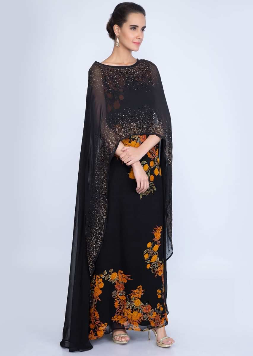 Black Tunic Dress In Georgette With Attached Cape Online - Kalki Fashion