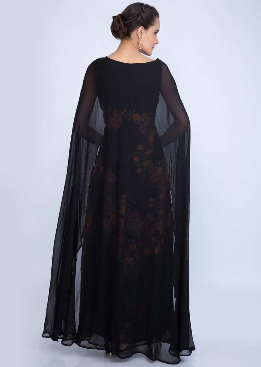 Black Tunic Dress In Georgette With Attached Cape Online - Kalki Fashion