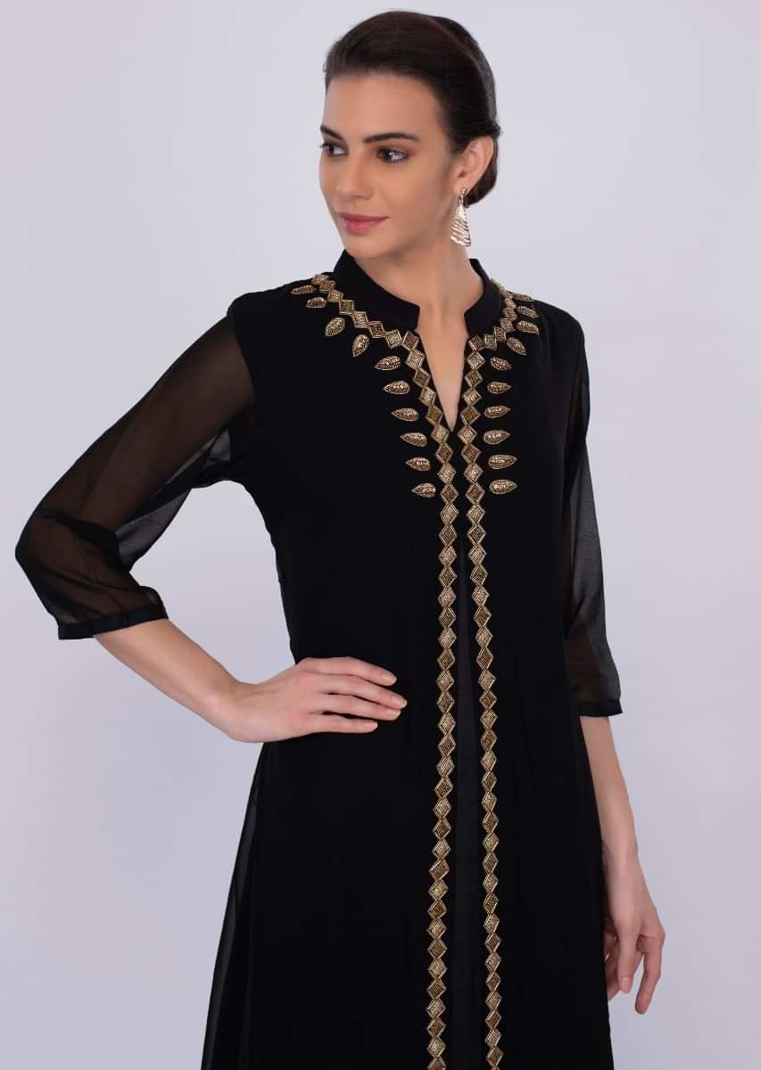 Black Tunic Dress In Georgette With Front Slit Online - Kalki Fashion