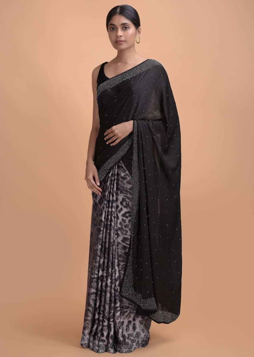Buy Black Half And Half Saree In Satin Crepe With Animal Print On The ...