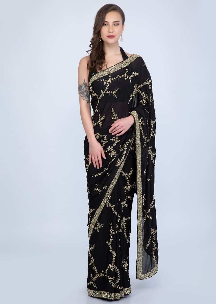 Black heavy satin chiffon saree with floral jaal embroidery only on Kalki