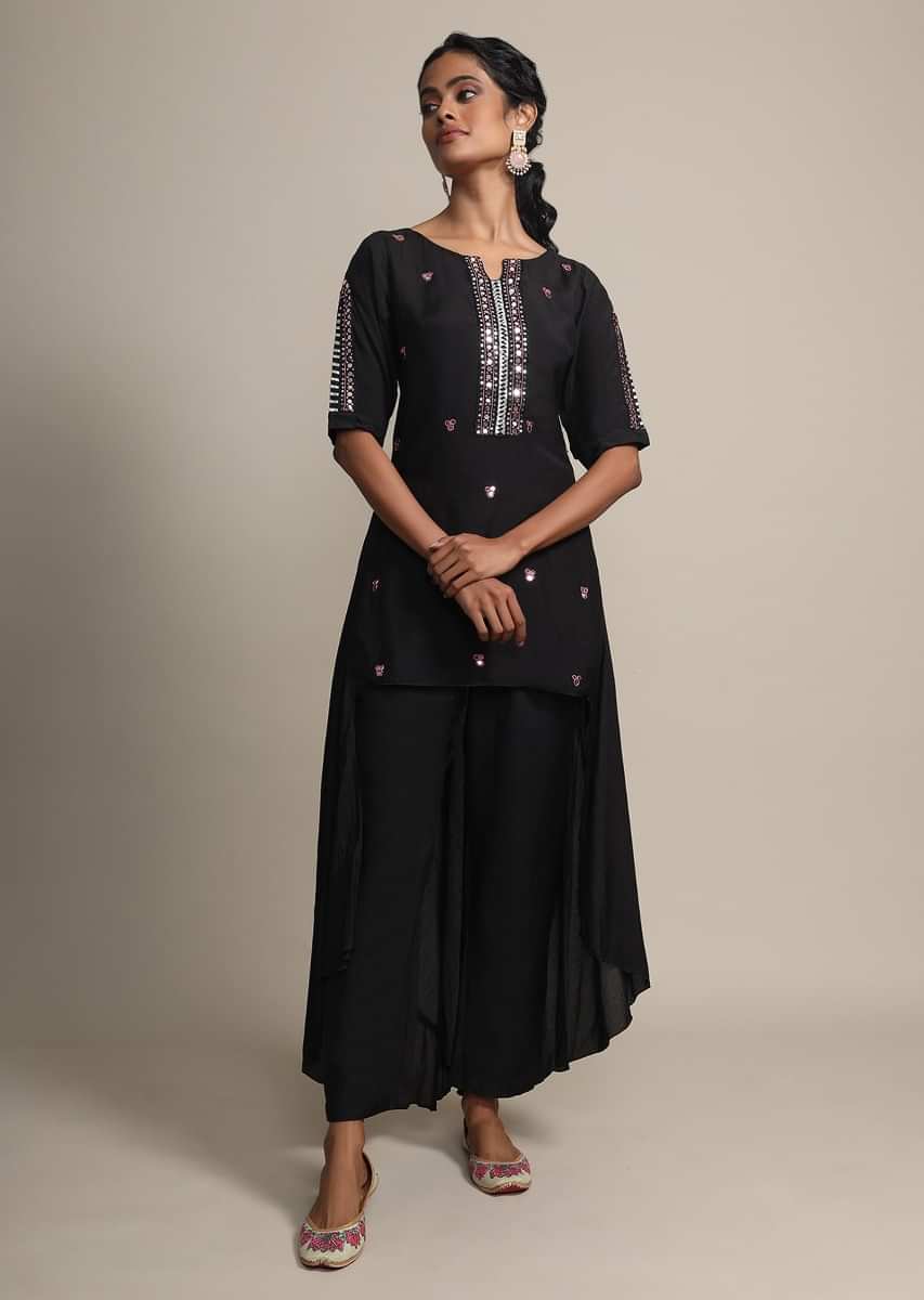 Black High Low Suit With Mirror Embroidery And Matching Pants Online - Kalki Fashion