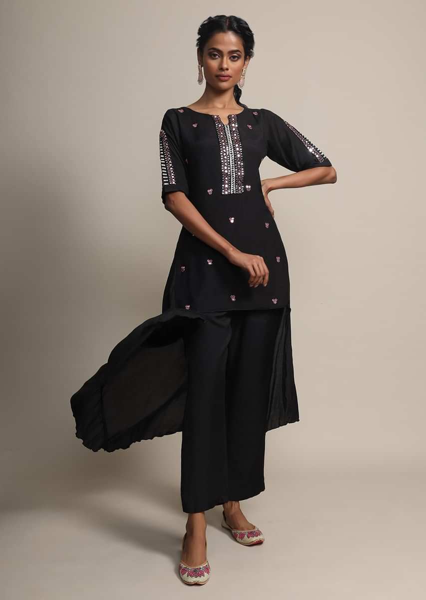 Black High Low Suit With Mirror Embroidery And Matching Pants Online - Kalki Fashion