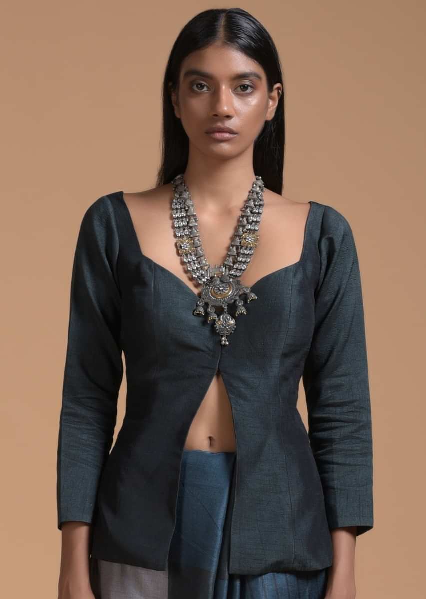 Black Jacket Blouse In Raw Silk With Sweetheart Neckline And 3/4th Sleeves