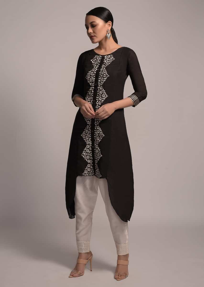 Black Kurta Set In Cotton With High Low Hem And Resham Embroidered Placket  