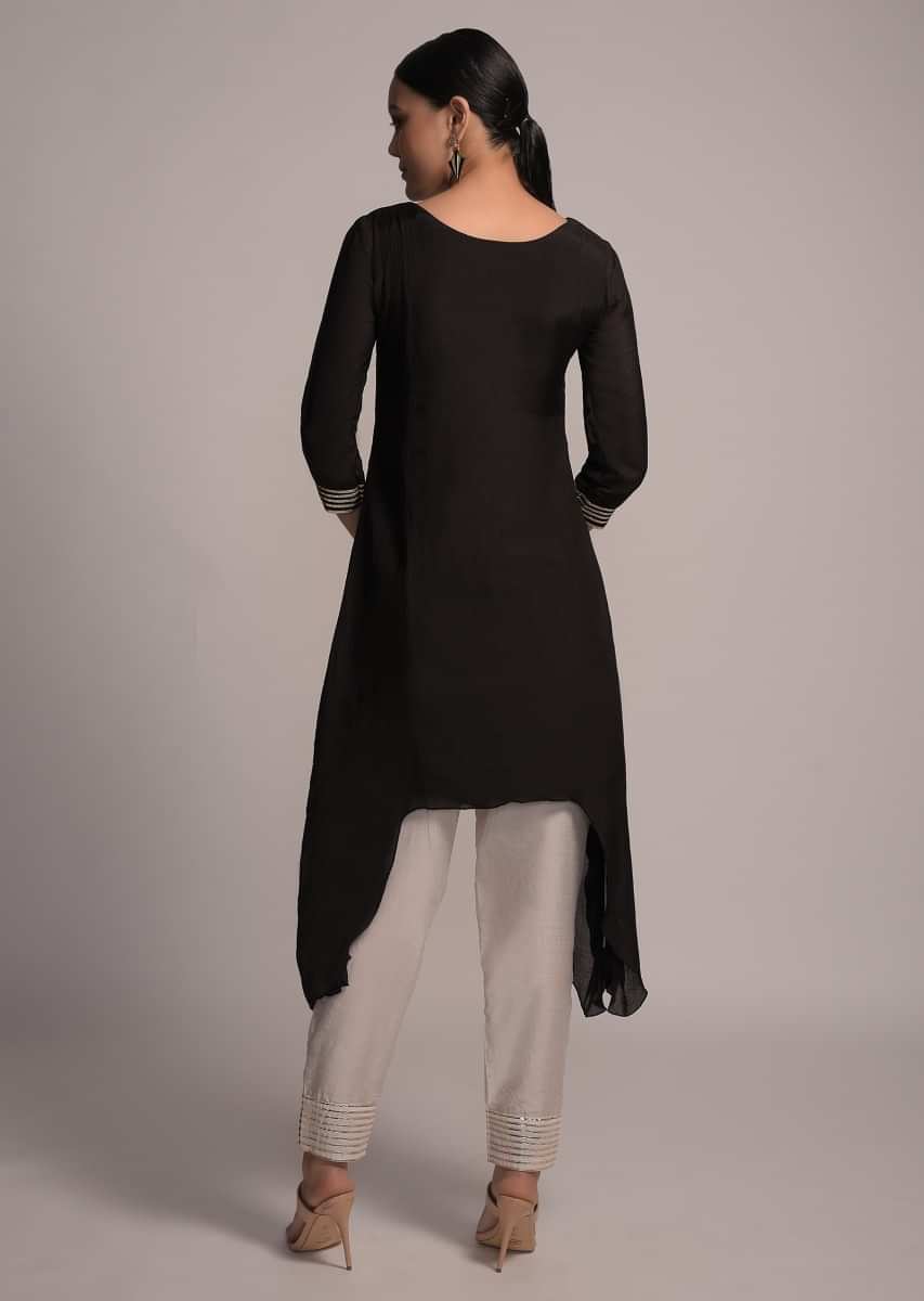 Black Kurta Set In Cotton With High Low Hem And Resham Embroidered Placket  