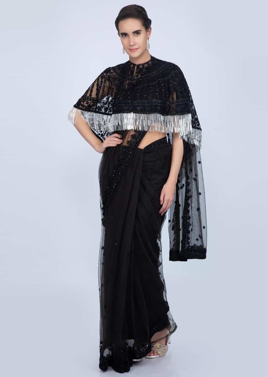 Buy Black Saree In Self Embroidered Net With Tasseled Cape Online ...