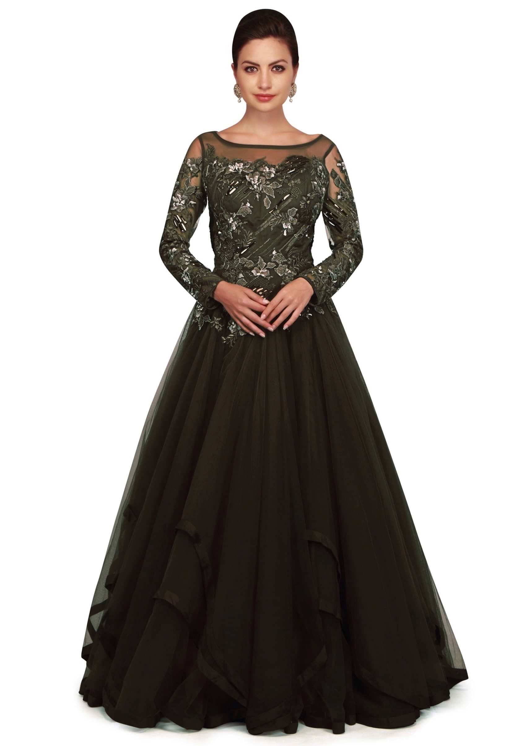 Black Olive Gown With Embroidered Bodice And Fancy Hem Line Online - Kalki Fashion