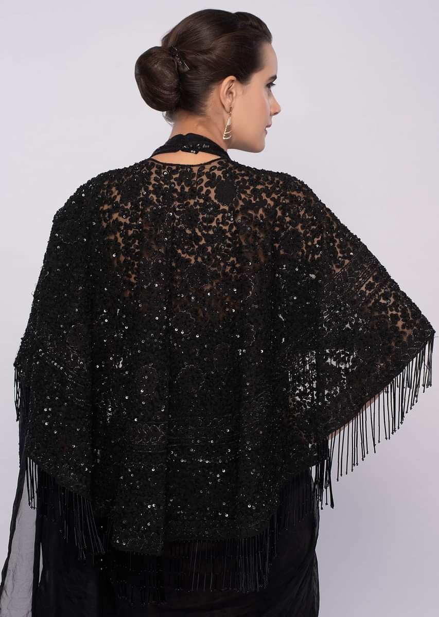 Black Organza Saree With Net Embroidered Cape Online - Kalki Fashion