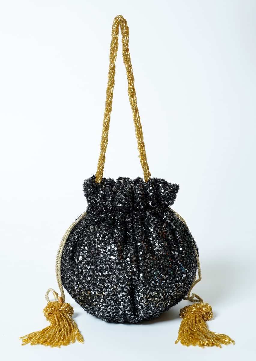 Black Potli Bag In Sequins Fabric With Cut Dana Tassels And Handle By Solasta