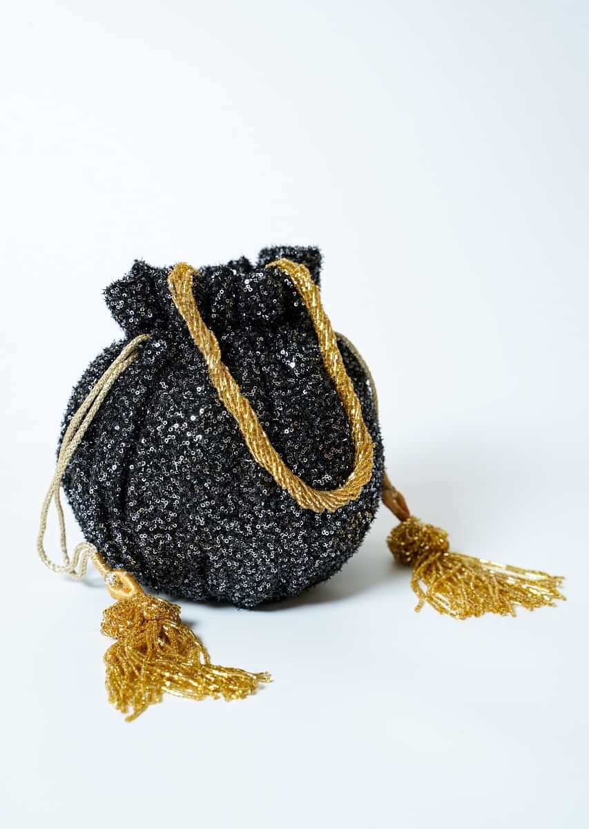 Black Potli Bag In Sequins Fabric With Cut Dana Tassels And Handle By Solasta