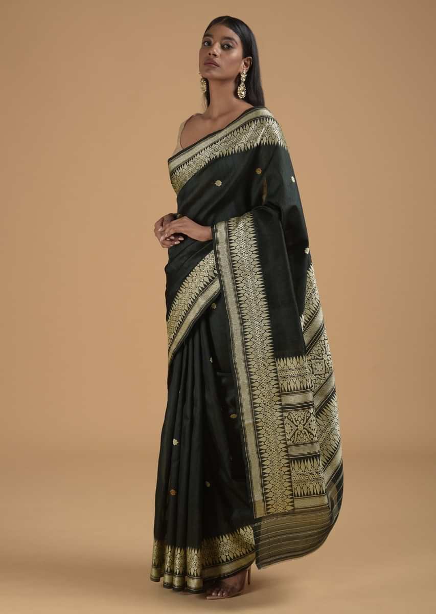 Black Pure Handloom Saree In Silk With Woven Floral Buttis And Floral Border