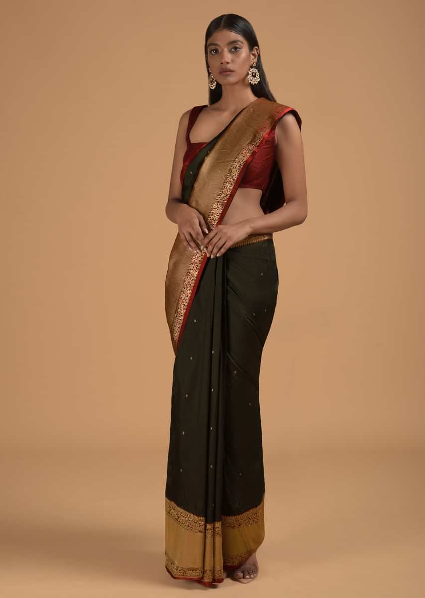 Black Pure Handloom Saree In Silk With Woven Flower Buttis And Red Border Online - Kalki Fashion