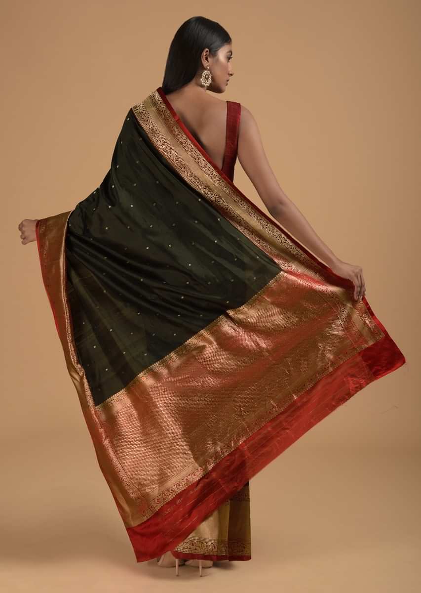 Black Pure Handloom Saree In Silk With Woven Flower Buttis And Red Border Online - Kalki Fashion