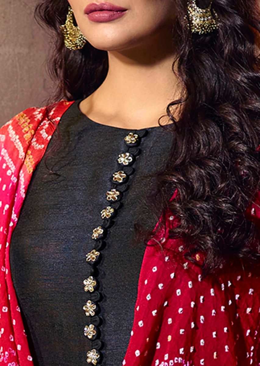 Black Anarkali Dress In Raw Silk With Shaded Bandhani Dupatta Online - Kalki Fashion