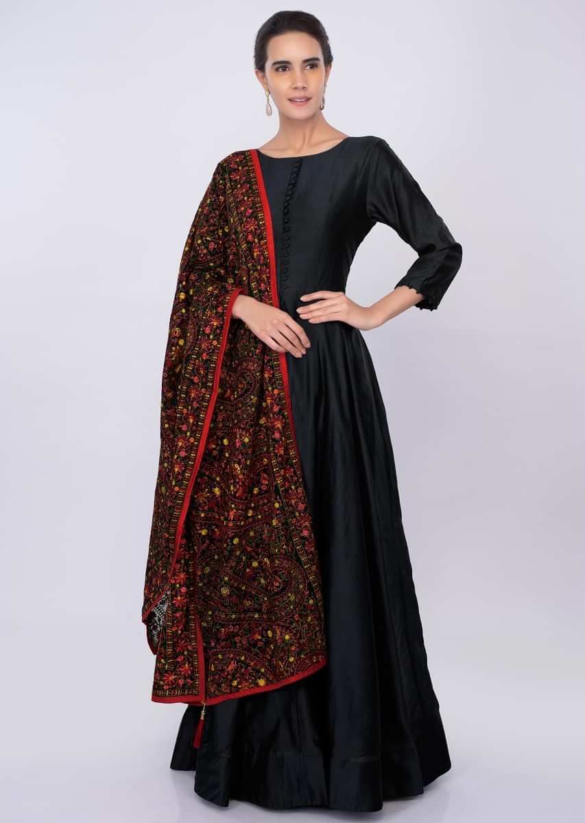 Black raw silk anarkali with multi color jaal embroidered georgette dupatta only on kalki