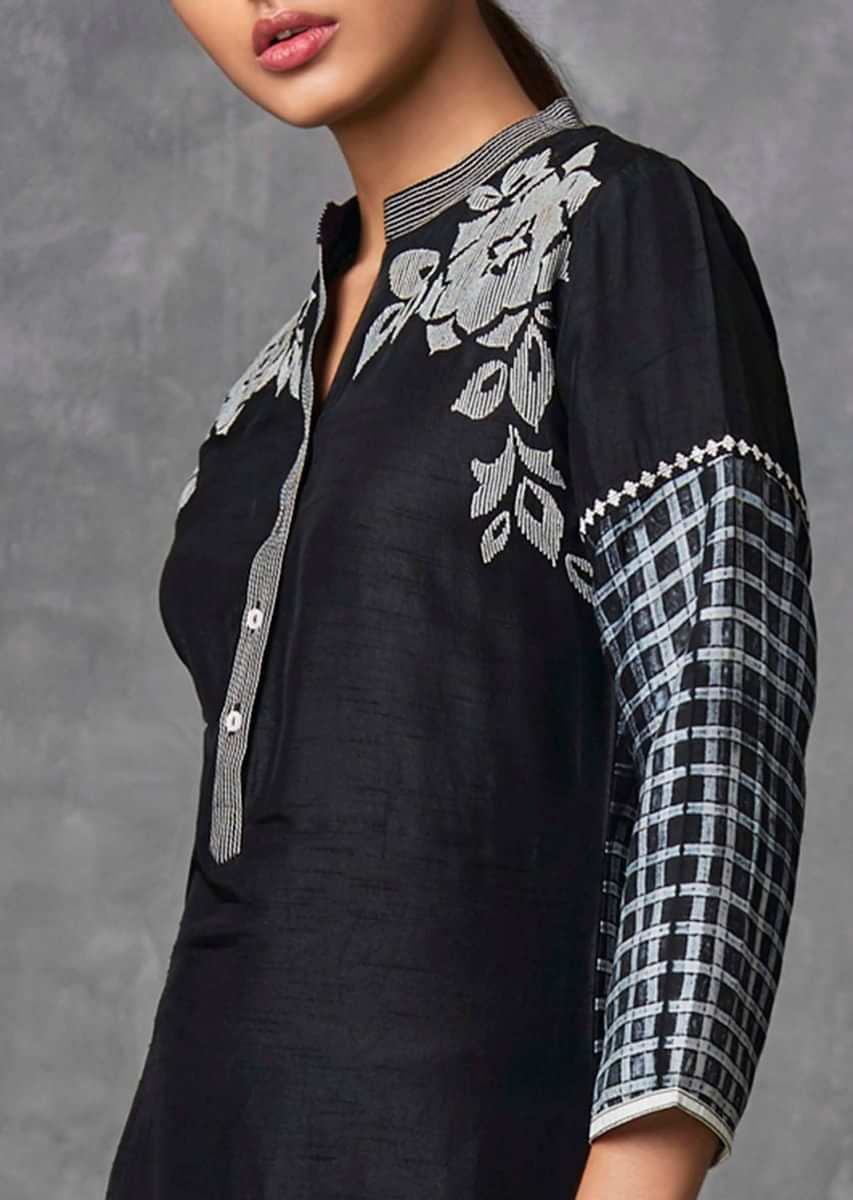 Black raw silk suit set floral and checks  print