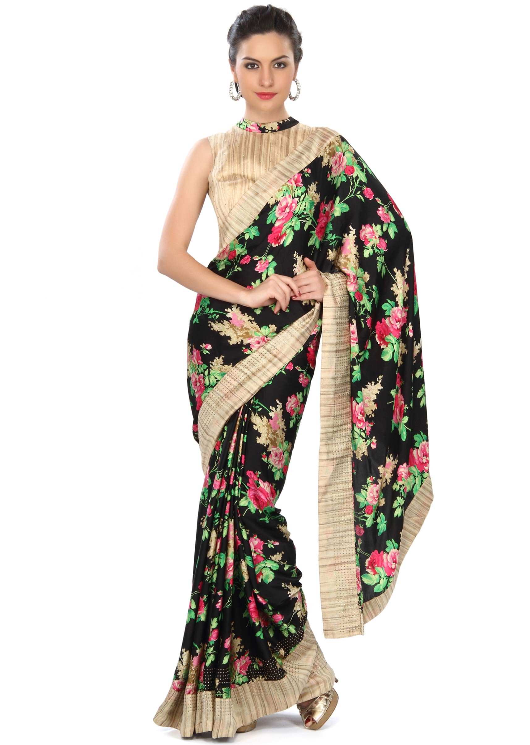 Black saree adorn in floral pinrt and silk border only on Kalki