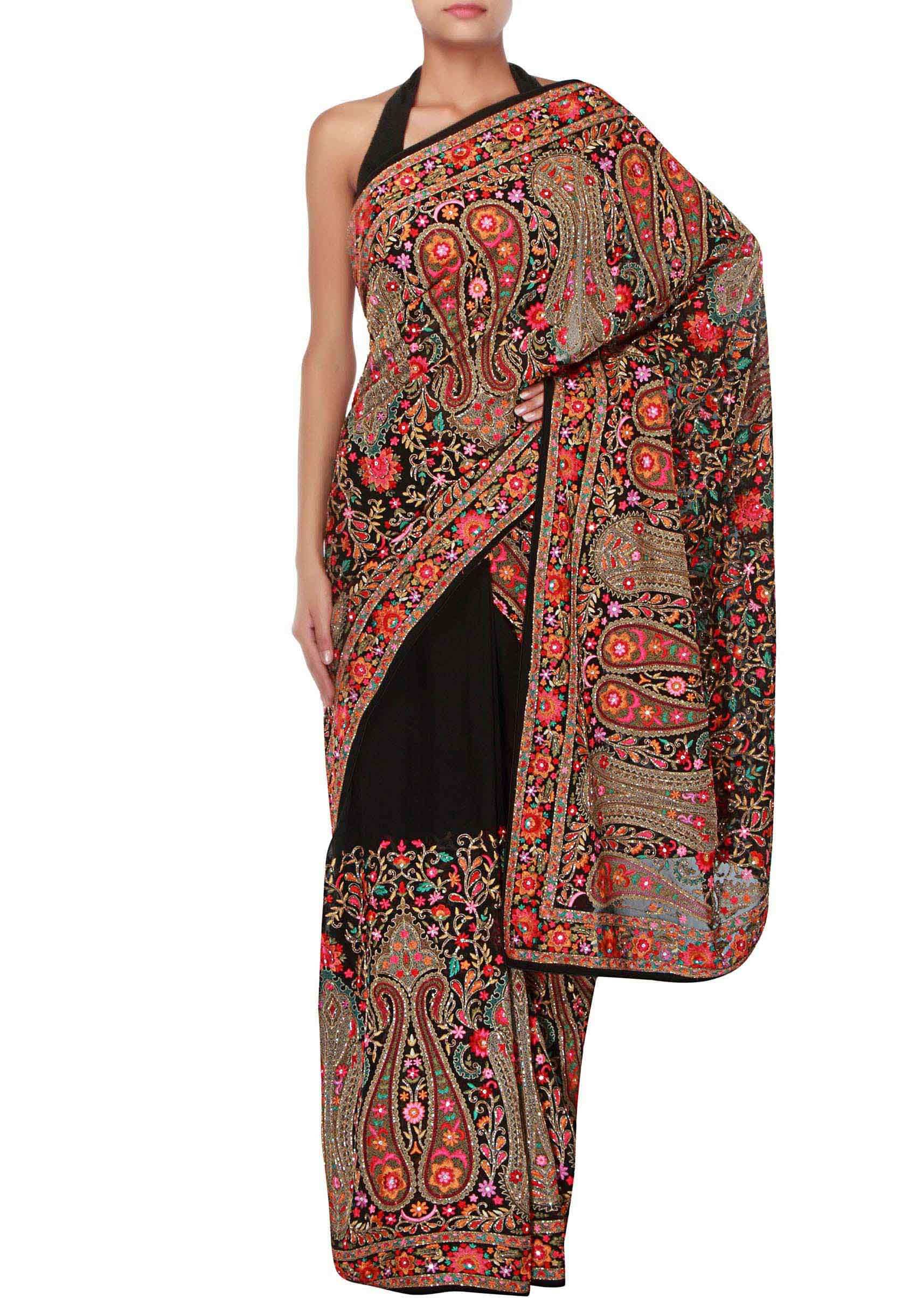 Glorious georgette saree embellished in colourful embroidery only on Kalki