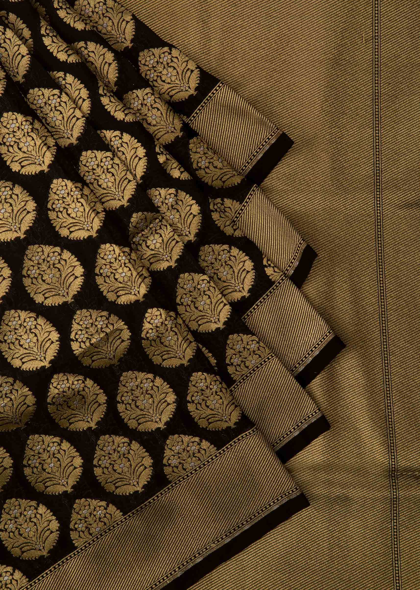 Black saree in chanderi silk with zari weaved butti and brocade pallav