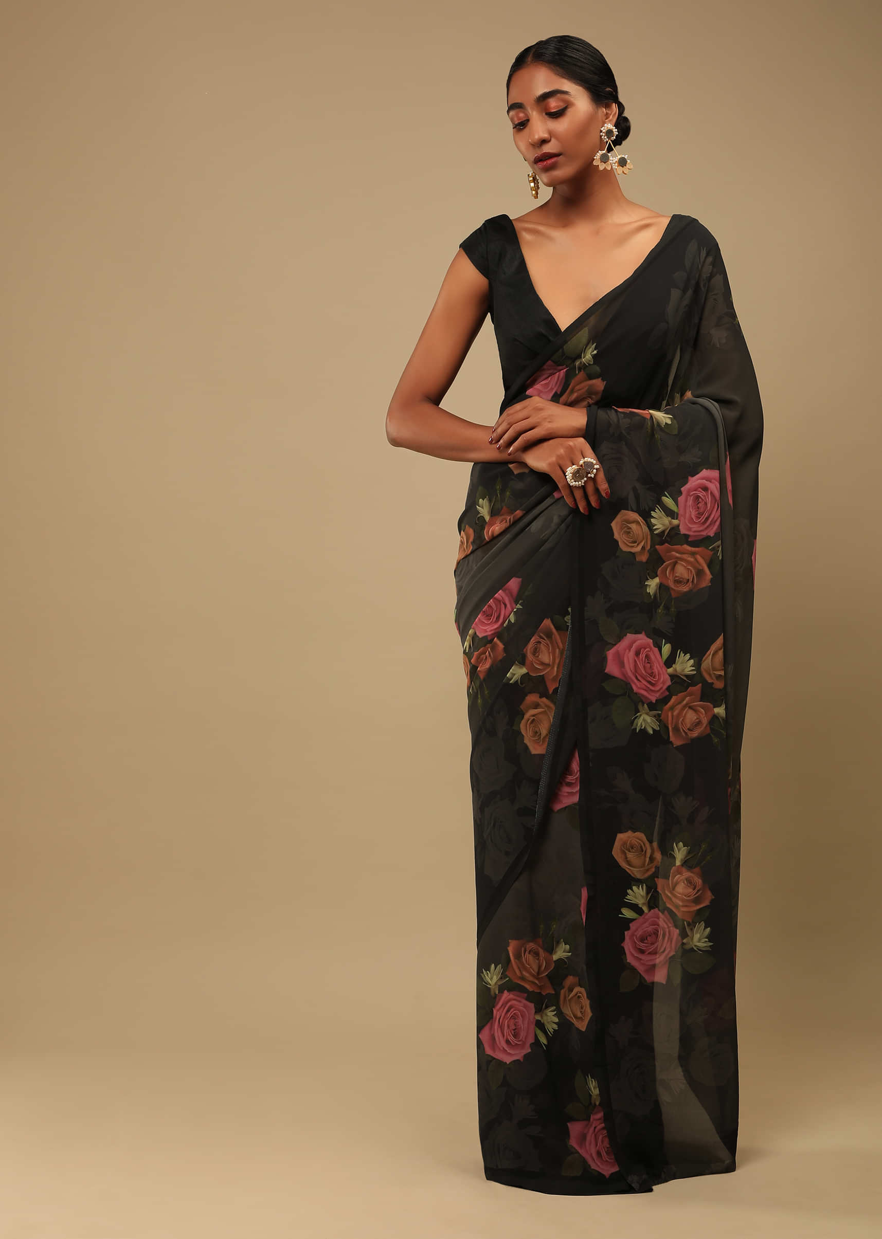 Black And Grey Shaded Saree In Crepe Georgette With Printed Rose Motifs And Unstitched Blouse  