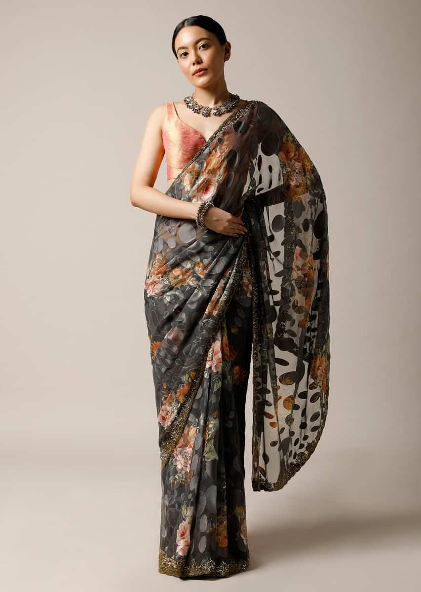 Stone Grey Saree In Georgette With Floral Print And Stone Embellished Border Along With Unstitched Blouse Online - Kalki Fashion