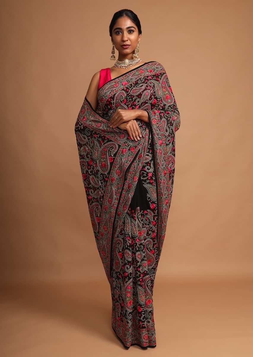Black Saree In Georgette With Kashmiri Embroidery In Paisley And Floral Jaal
