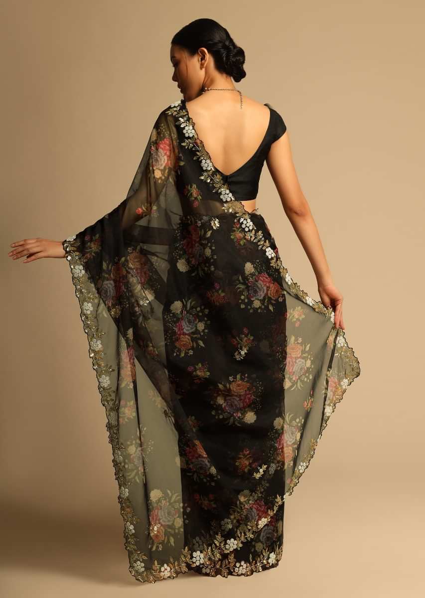 Black Saree In Organza With Floral Print All Over And Moti Embroidered Border Along With Unstitched Blouse