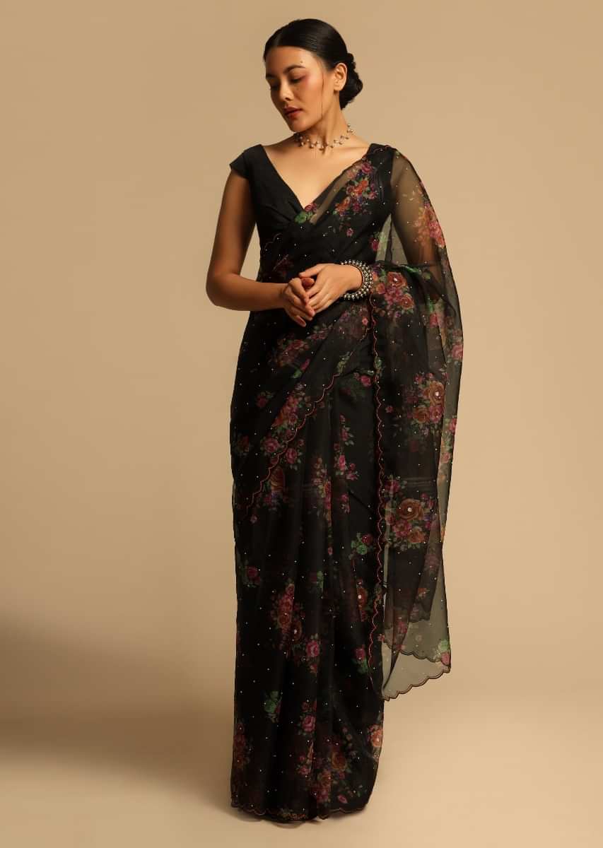 Black Saree In Organza With Floral Print All Over And Scalloped Resham Border Along With Unstitched Blouse